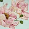 "Delicate Peonies" by Maggie Deall is a serene acrylic painting featuring pale pink peonies on a mint-green background. Float framed in Australian oak.