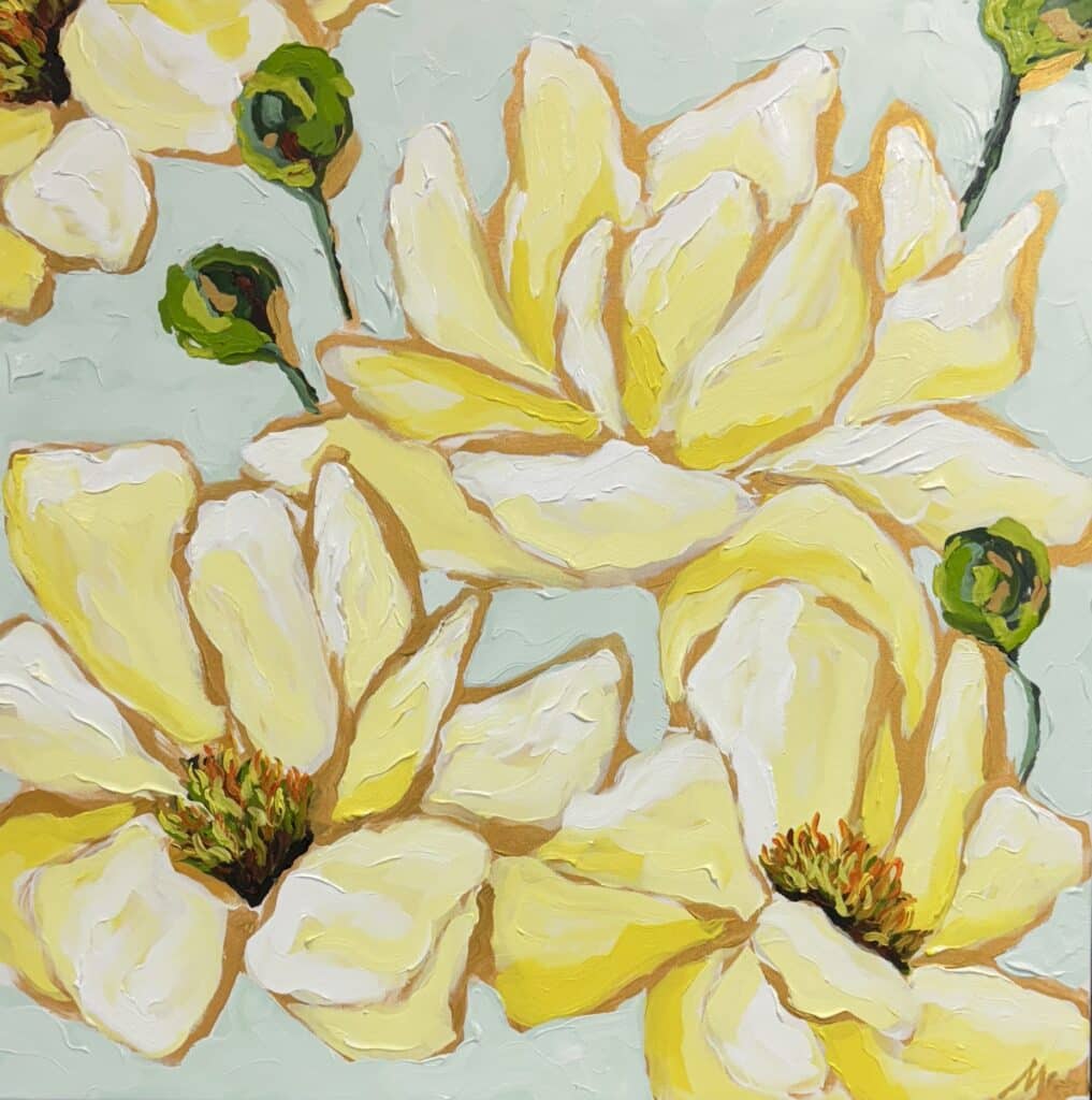 Happy yellow peonies with a mint green Delicate Peonies Fine Art Print background by artist Maggie Deall.