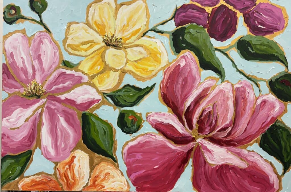 "Peony Dream" by Maggie Deall is a vibrant 183cm x 122cm acrylic artwork of bold peonies with gold accents. Unframed, it’s perfect for large spaces.