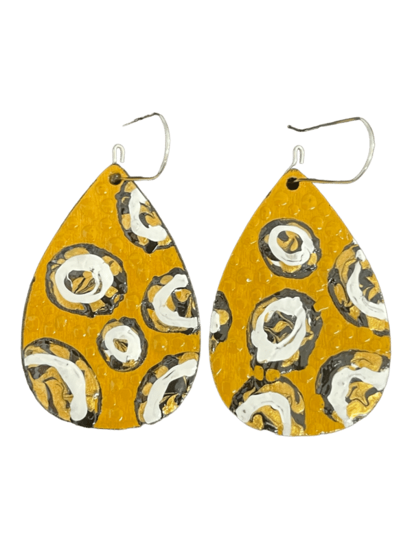 Super cute, hand painted earrings by Australian artist Dinah Lindon featuring her recognisable, Australian bush inspired palette. Light on the ears, hand painted wood with stainless hooks.