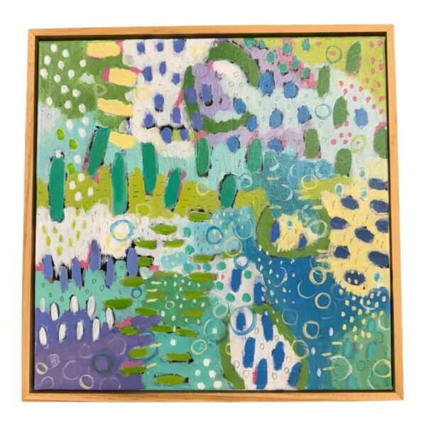 Quirky and fun this little abstract features all the colours of Liilia Lukianeko's garden with a modern twist! Float framed in pine and ready to hang 32cm x 32cm.