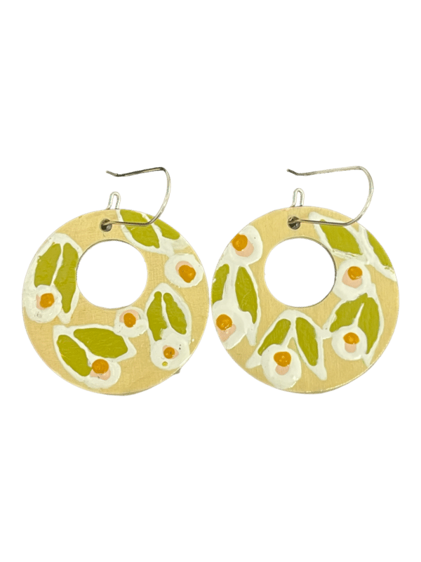 Super cute, hand painted earrings by Australian artist Dinah Lindon featuring her recognisable, Australian bush inspired palette. Light on the ears, hand painted wood with stainless hooks.