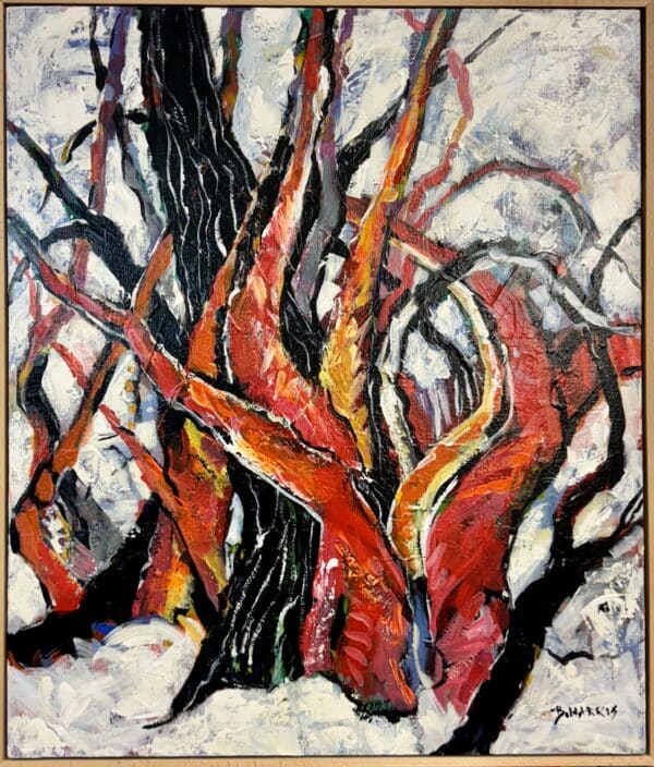 Bev Harris’s "Snowgums" features vivid tree trunks in reds, oranges, and blacks, with textured brushstrokes, capturing nature’s power and beauty. Size: 76 x 83 cm.