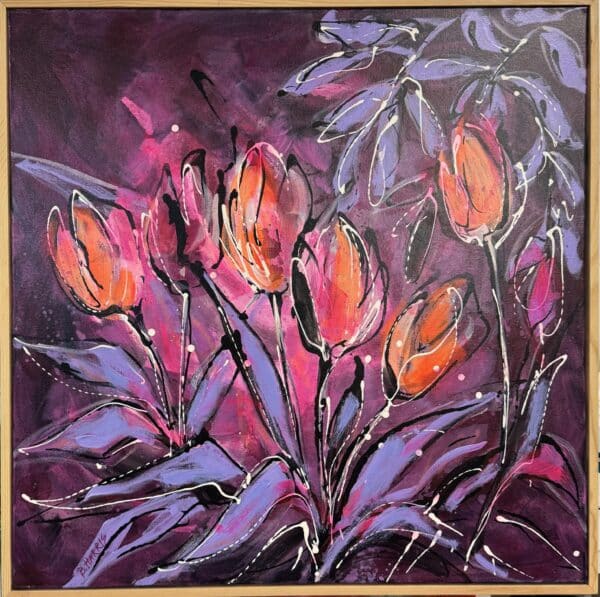 Discover Bev Harris's vibrant artwork featuring bold orange flowers set against a purple background, encapsulated in a wooden float frame measuring 79x79 cm, perfect for adding a dynamic touch to any space.