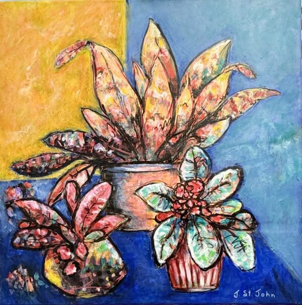 Judy’s vibrant succulent artwork adds a modern Australian twist to a classic still life with pops of colour. Ready to hang, 61 x 61 cm.