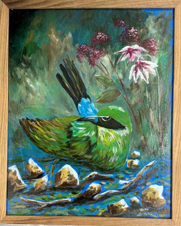 Discover the dynamic beauty of Kim Baker’s "The Bee Eater," a painting that captures the vivid colors and elegance of the bird in its natural habitat.