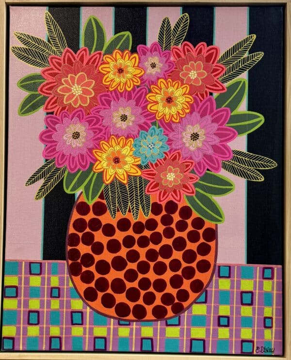 Erin Elsley’s "He Brings Me Flowers 3" features a bold bouquet in a polka-dotted vase with vibrant colours, perfect for adding a burst of joy to any room. Size: 50 x 40 cm.