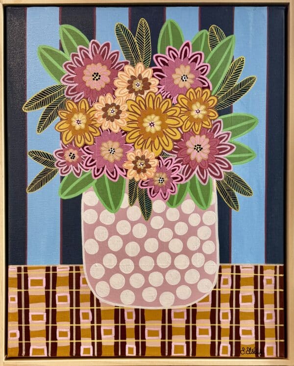 Erin Elsley’s "He Brings Me Flowers 2" features a bold floral bouquet in a polka-dotted vase, adding colour and joy to any room. Size: 50 x 40 cm.