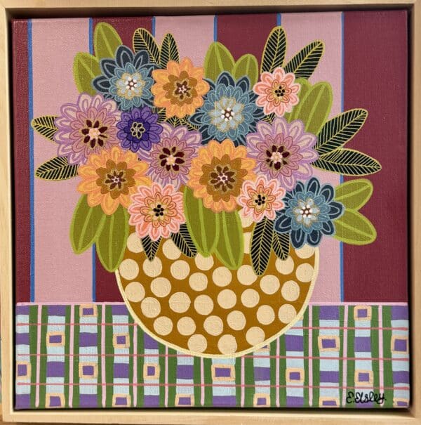 Erin Elsley's playful bouquet artwork in a polka-dotted vase radiates happiness and creativity with bold colours and patterns. Size: 30 x 30 cm.