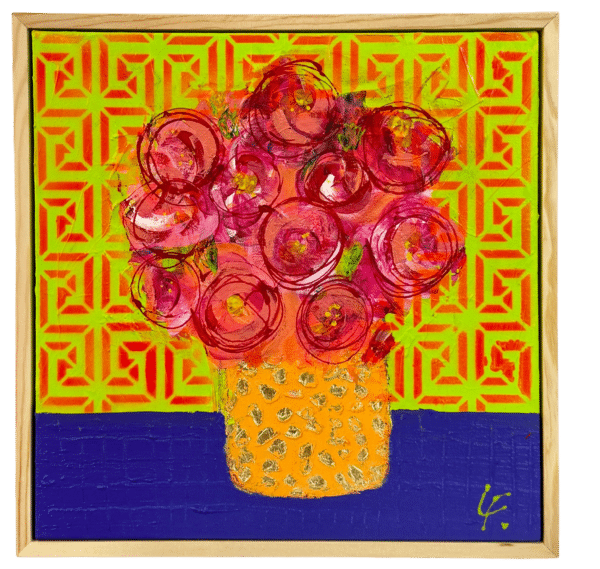 Explore "Ruby and Me" by Lindy Farley, an abstract masterpiece featuring vibrant flowers against a geometric background, perfect for adding energy and creativity to any space. Mixed media, 38cm x 38cm, framed.