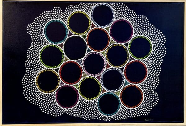 Celebrate the interconnectedness of life with "Circles of Life," an intricate acrylic on canvas by Gomeroi artist Debbie Wood, featured in her "The NAIDOC Collection." This float-framed artwork showcases the vibrant unity and cultural heritage of First Nations people.