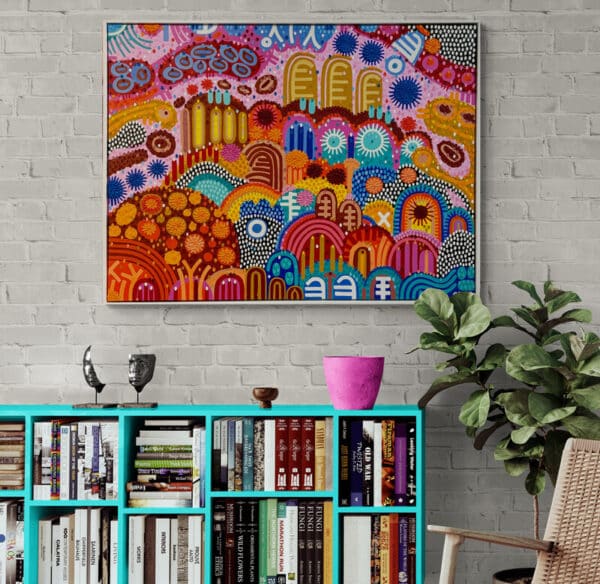 Discover "Luna" by Gena Smith, a vibrant and whimsical abstract artwork bursting with color and intricate patterns. Float-framed in crisp white, perfect for modern interiors. Shop now!