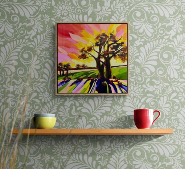 Discover the vibrant warmth of "Sunlit" by Maggie Deall, float framed and ready to hang. This captivating painting features a sunlit landscape with a majestic tree, lush fields, and grazing sheep, perfect for adding serenity to any space.