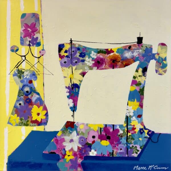 Celebrate creativity and tradition with Maree McCrum's "The Old Singer Sewing Machine," a vibrant mixed media artwork perfect for inspiring any creative space.