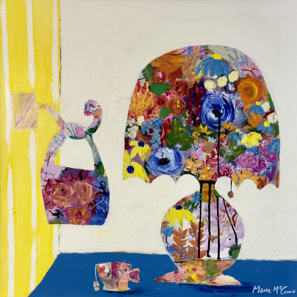 Enjoy a moment of calm with Maree McCrum's "Time for Tea," a vibrant mixed media artwork celebrating the soothing ritual of tea time.