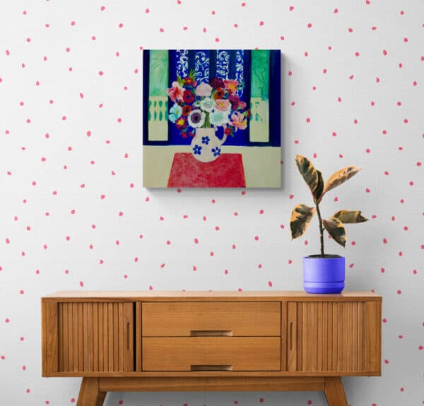 Brighten your home with "Coralie’s Vase" by Maryanne Khan, a vibrant still life capturing the joy and colour of a flourishing garden. Perfect for any space.