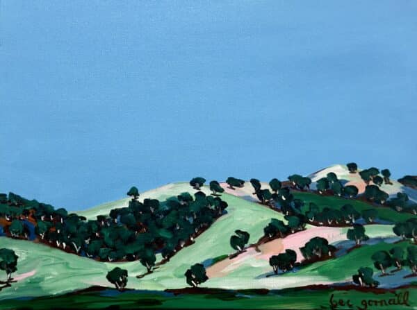 "The Slopes" by Rebecca Gornall (30 x 40 cm, Acrylic on Canvas) is a peaceful landscape of rolling hills under a clear blue sky, capturing nature's calm beauty.