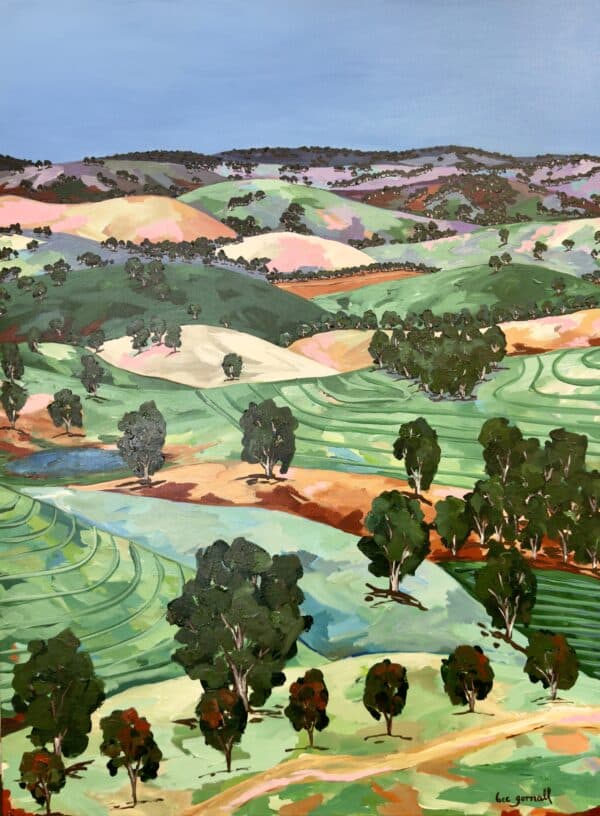 "Welcome Home" by Rebecca Gornall (90cm x 120cm, Acrylic on Canvas) captures the rolling hills and vibrant colours of the Australian countryside in a dynamic, inviting landscape.