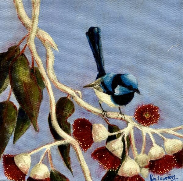 Explore Jacqueline De Tessier’s acrylic painting, Gum Blossom #2, featuring a vibrant blue wren in a lively, nature-inspired scene.