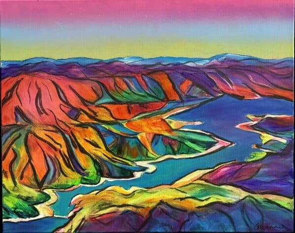 Flowing into Blowering by Bridgette Mannes is a vibrant acrylic and charcoal painting, capturing the flow of water between iconic reservoirs.