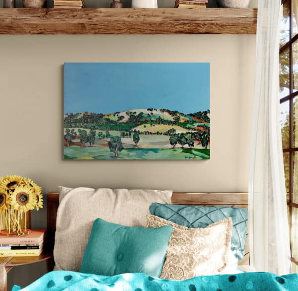 : "Country Escape" by Rebecca Gornall (60cm x 90cm, Acrylic on Canvas) captures the serene beauty of the rolling Australian countryside under vast blue skies.