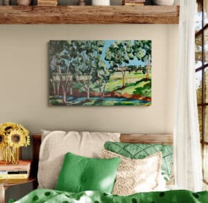 "Sunday Adventure" by Rebecca Gornall (60cm x 90cm, Acrylic on Canvas) captures a peaceful scene of eucalyptus trees and a winding creek under bright skies.