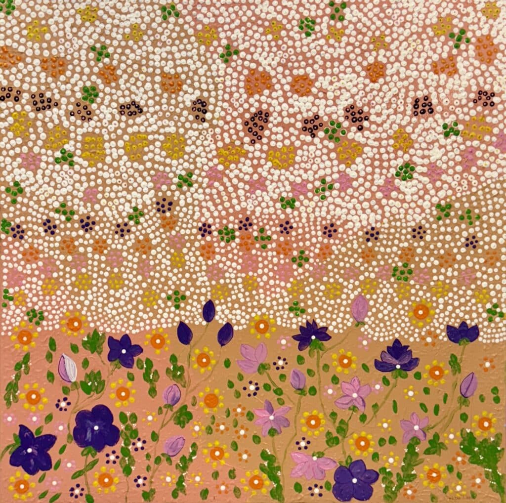 Bring the vitality of Australian wildflowers into your home with Wildflowers by Gomeroi artist Debbie Wood. Float framed, 64cm x 64cm, vibrant and uplifting.