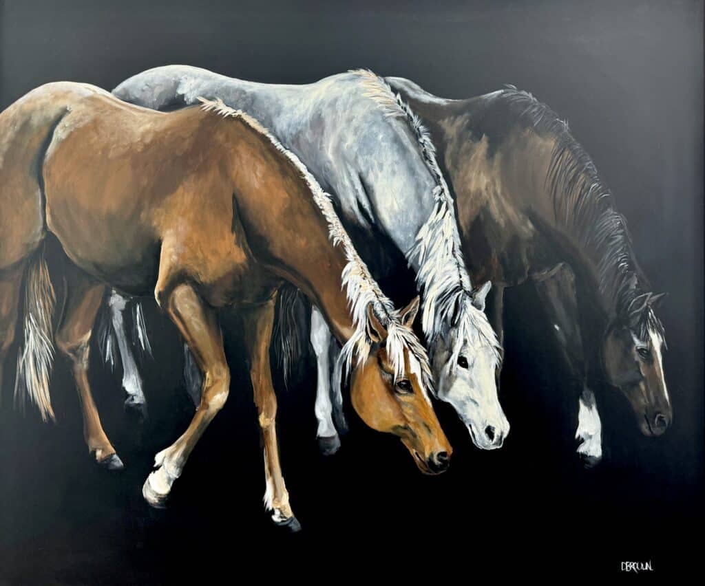 Discover Night Horse Paddock by Donna Brown. This 104cm x 124cm artwork, float framed in Australian Oak, captures horses’ grace and strength in rich detail.