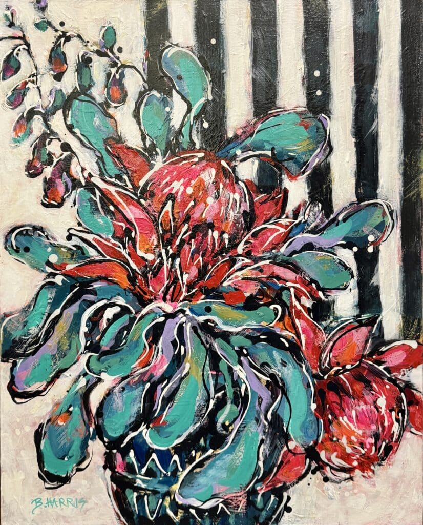 Waratah Stripes by Bev Harris (61cm x 77cm) combines bold waratahs with modern stripes, creating a dynamic and contemporary botanical artwork.