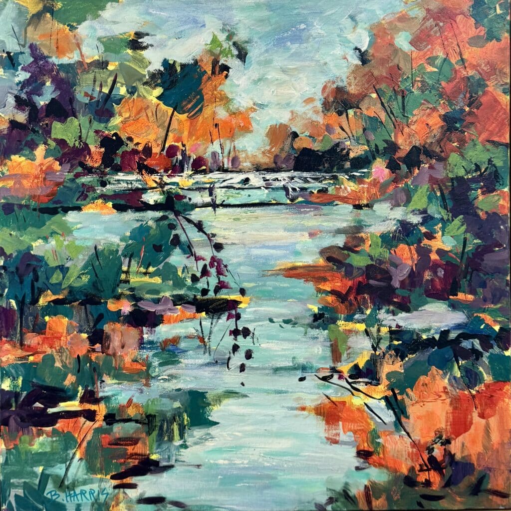 Beckwith St Bridge, Wagga by Bev Harris (60cm x 60cm) celebrates nature's vibrant beauty with bold colours and textured brushstrokes. Framed in Oak.