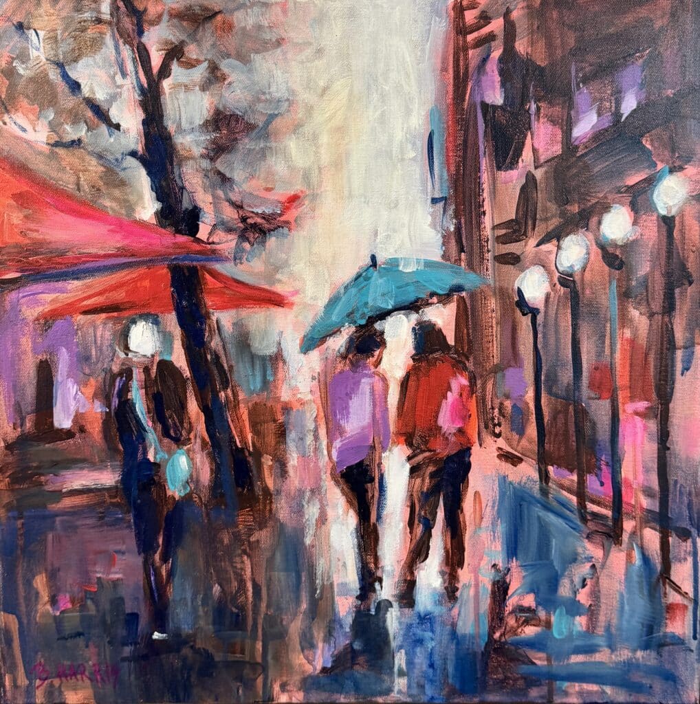 Rainy Day in Paris by Bev Harris (50cm x 50cm) captures the charm of Parisian streets on a rainy day. Float framed in Australian Oak.