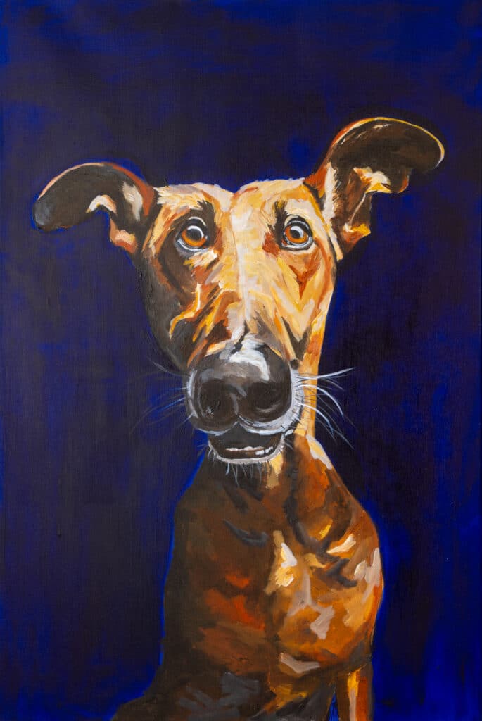 "Smith the Derpy Dog" by Maggie Deall is a playful oil painting capturing a quirky canine portrait. Float framed in Australian hardwood, it’s pure joy.