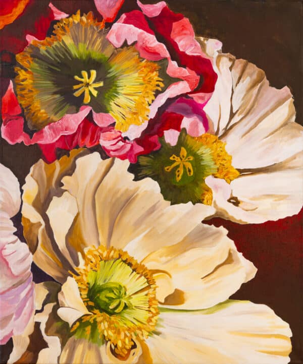 "Peony Blush" by Maggie Deall is a bold oil painting featuring vibrant poppies in red, pink, and white hues. Float framed in Australian hardwood.