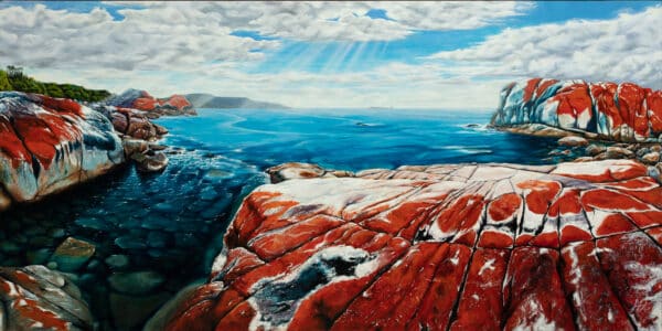 Bay of Fires: A vivid fine art print by Daniel Beresford featuring Tasmania’s fiery red rocks and azure waters. Available in A2, A3, A4.