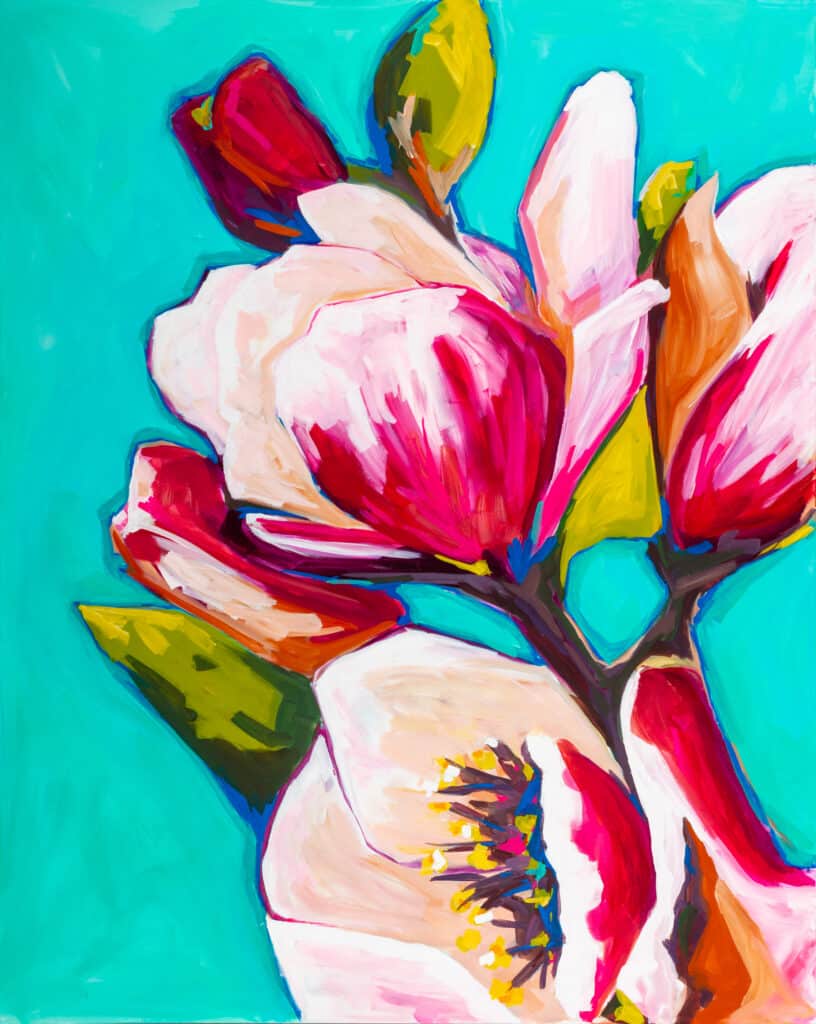 Brighten your space with Maggie Deall's "Magnolia Spring," a vibrant acrylic painting of magnolias framed in oak. Bold and beautiful, measuring 125cm x 157cm.