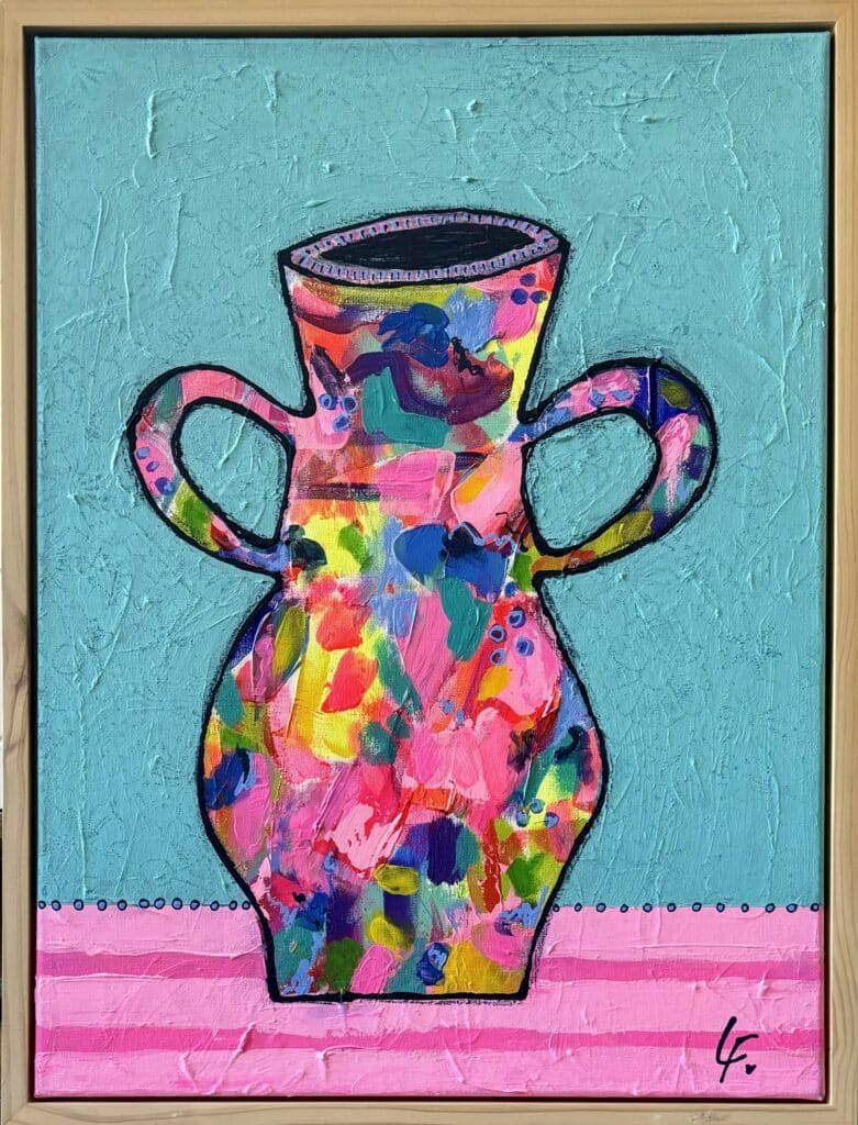 Celebrate vibrant creativity with The Bold and the Beautiful by Lindy Farley. A striking 50cm x 65cm abstract vase artwork, framed in Australian Oak.