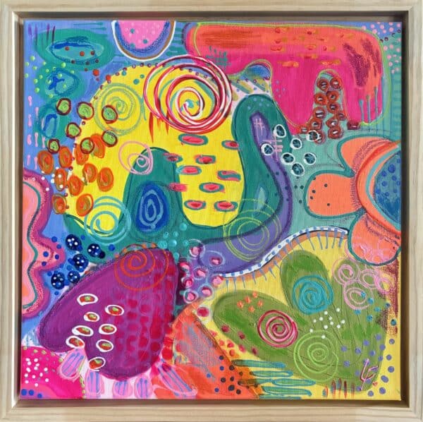 Explore the vibrant abstract world of Treasure Hunt by Lindy Farley. A 45cm x 45cm masterpiece float framed in Australian Oak, full of playful colours.