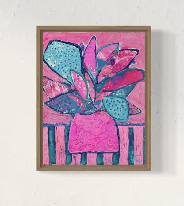 Add bold charm with Pink Pizzazz by Lindy Farley, a 24cm x 30cm lively floral artwork float framed in Australian Oak, perfect for any space.