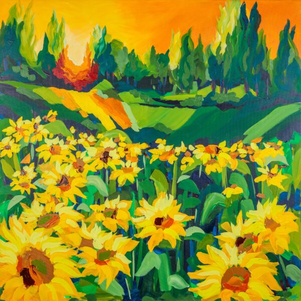 Tournesols au coucher du soleil: A vibrant fine art print of sunflowers under a glowing sunset sky. Available in A2, A3, A4, or custom square sizes