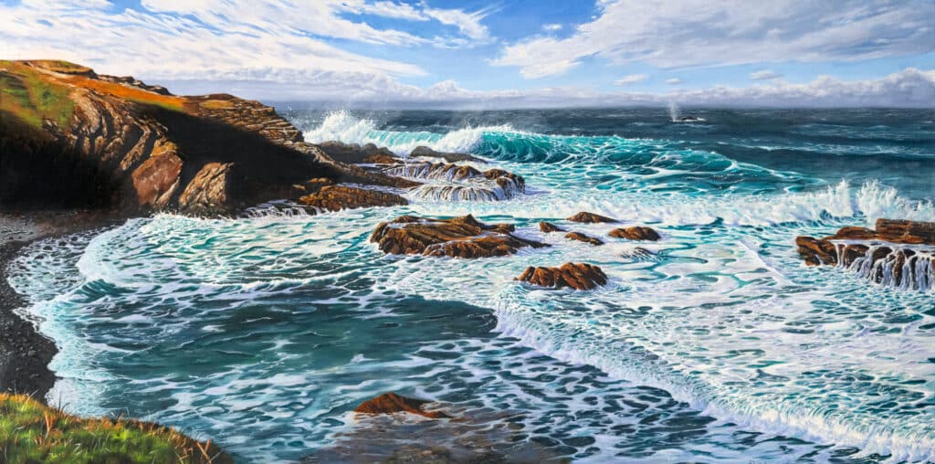 Migration at Broomes Head: A vibrant fine art print by Daniel Beresford showcasing ocean waves and dramatic cliffs. Available in A2, A3, A4.