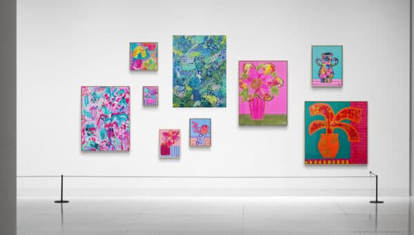 Discover A Fresh Start by Lindy Farley, a vibrant collection of abstract artworks bursting with colour, texture, and joyful energy, framed in Australian Oak.