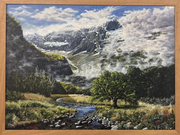 Step into an alpine wonderland with Glacial River by Daniel Beresford—an exquisite oil painting framed in blackbutt, capturing icy waters and rugged peaks.