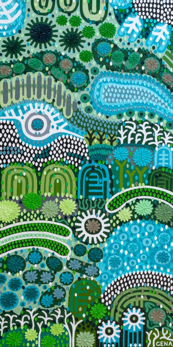 Greener Days by Gena Smith is a lush, layered abstract oil painting in deep greens and teals, full of texture and movement. Float framed in white.
