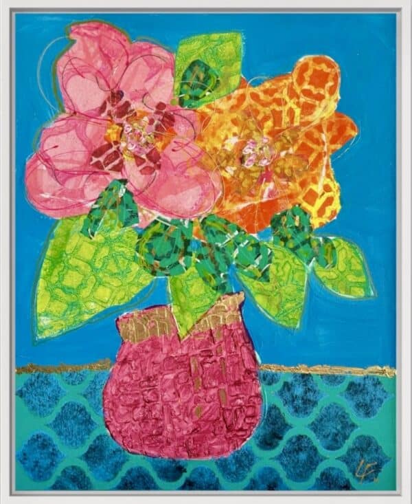 Bright, bold, and full of fun, Sun-kissed by Lindy Farley is a vibrant abstract botanical artwork bursting with colour. Float framed in white wood.