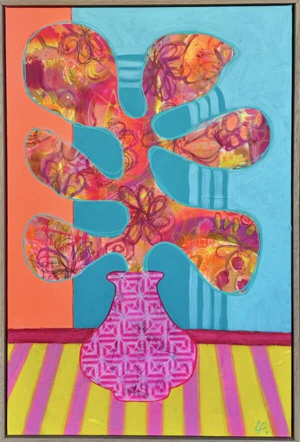 Bright, bold, and full of fun, Sun-kissed by Lindy Farley is a vibrant abstract botanical artwork bursting with colour. Float framed in natural wood.