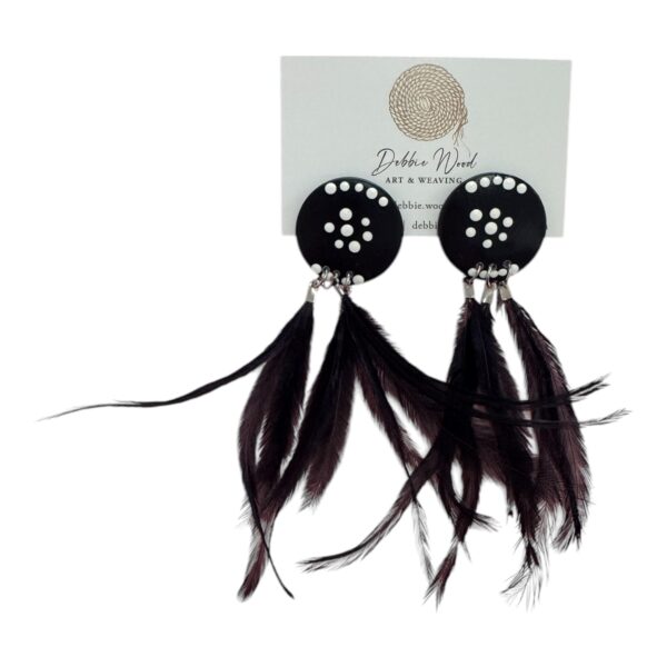 Midnight Sky Earrings by Debbie Wood – black and white hand-painted studs with ethically sourced emu feathers. Bold, wearable art.