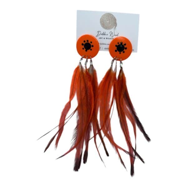 Burnt Country Earrings by Debbie Wood – orange studs with black dot detail and ethically sourced burnt orange and black feathers.