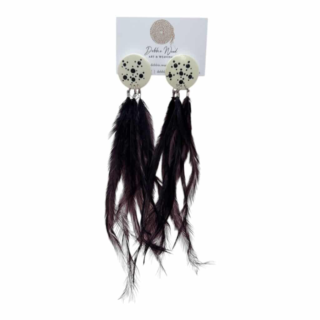 Desert Stars Earrings by Debbie Wood – ivory studs with black dot constellations and ethically sourced black feathers.