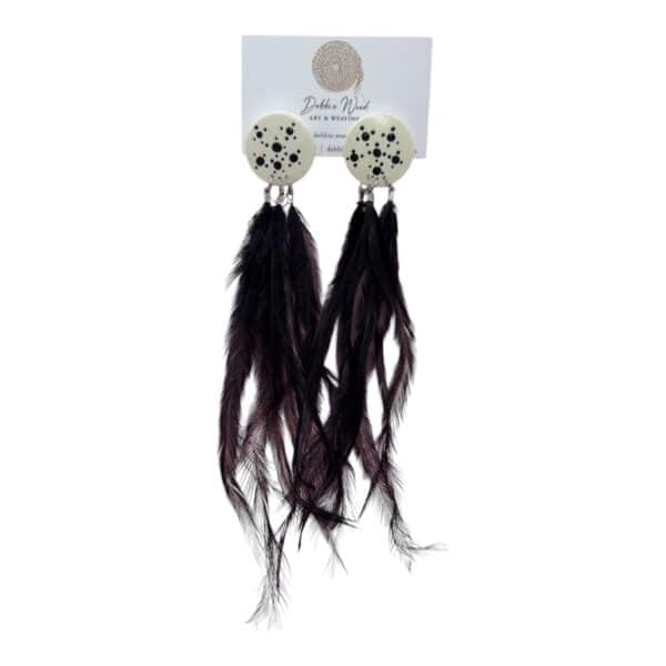 Desert Stars Earrings by Debbie Wood – ivory studs with black dot constellations and ethically sourced black feathers.