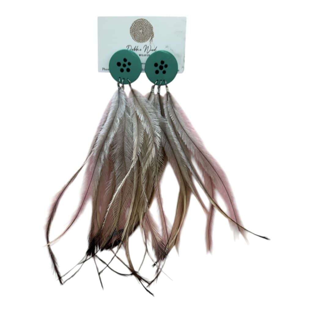 Dust and Smoke Earrings by Debbie Wood – green hand-painted studs with ethically sourced soft blush and taupe feathers.